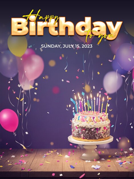 PSD psd-happy-birthday-poster mit luftballons, leckerem geburtstagskuchen und geschenkbox-hintergrund