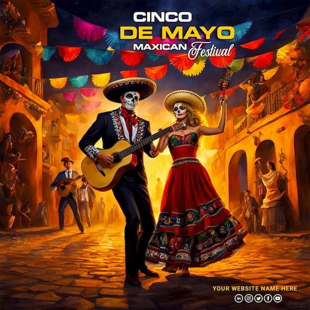 PSD psd happy cinco de mayo concept avec des adultes dansant le mariachi en arrière-plan