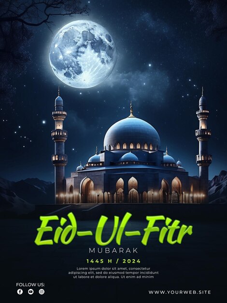 PSD psd happy eid alfitr poster vorlage mit moschee-hintergrund