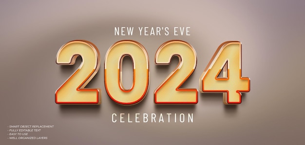 psd happy new year 2024 3d text effect with luxury gold color style on the number