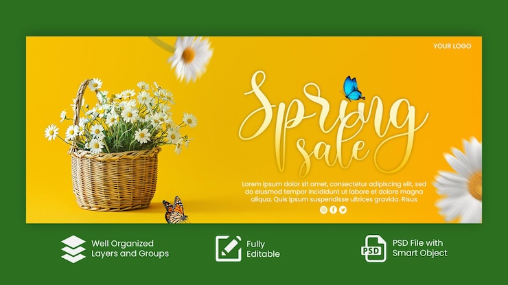 PSD psd happy spring floral discount sale banner design per i social media con testo modificabile
