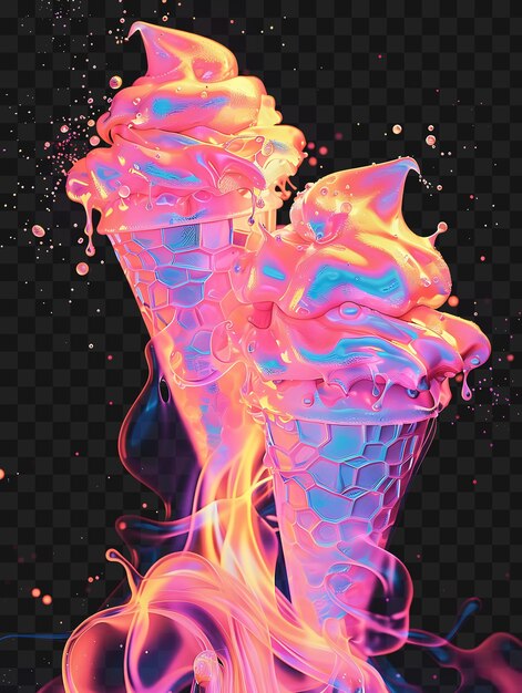 PSD psd de helado fluorescente radiante que se derrite y gira helado y2k diseño de contorno de neón brillante