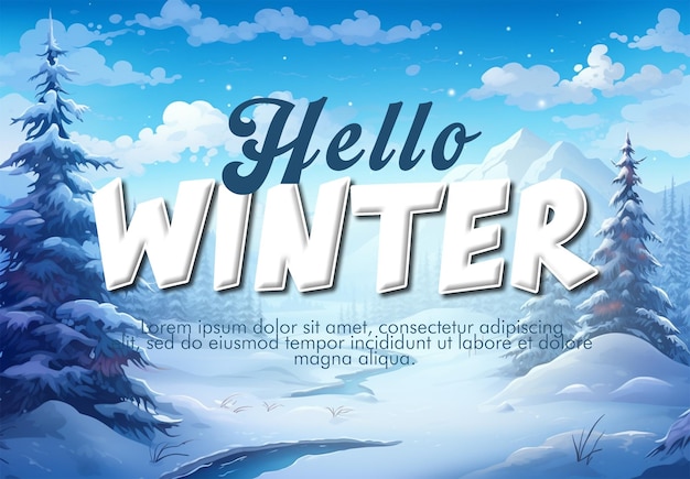 Psd hello fondo de invierno con bosque de invierno y paisaje