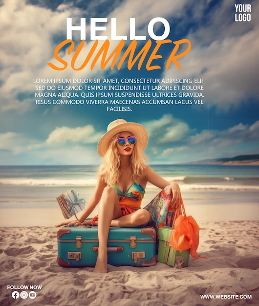 PSD Hello Summer poster una scena sulla spiaggia con un'isola tropicale con sito Girl con modalità estiva