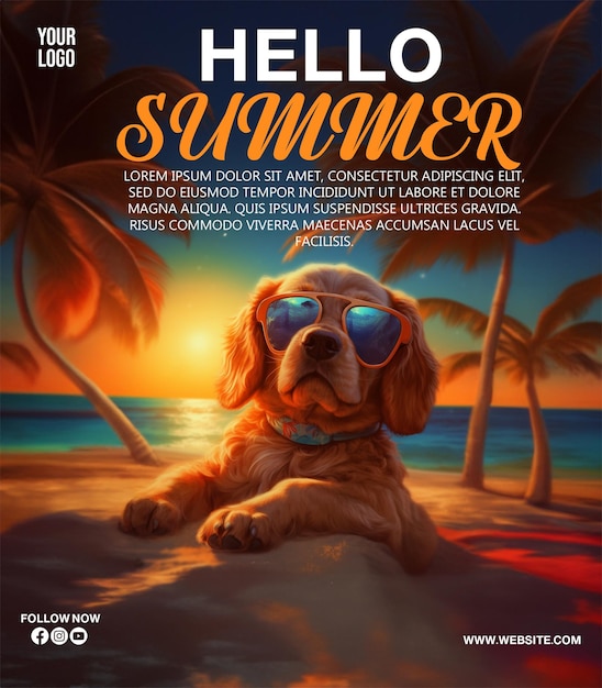 PSD Hello Summer poster una scena sulla spiaggia con un'isola tropicale e un cane con occhiali da sole
