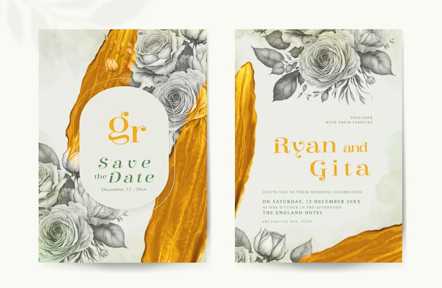 Psd hermosa tarjeta de invitación de boda floral con fondo de oro verde