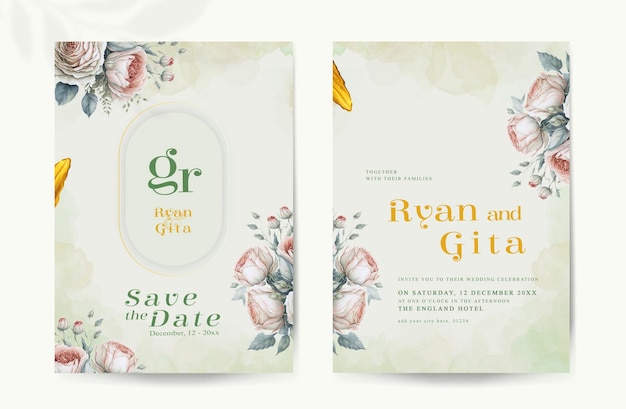 PSD hermosa tarjeta de invitación de boda con flores de acuarela de oro verde
