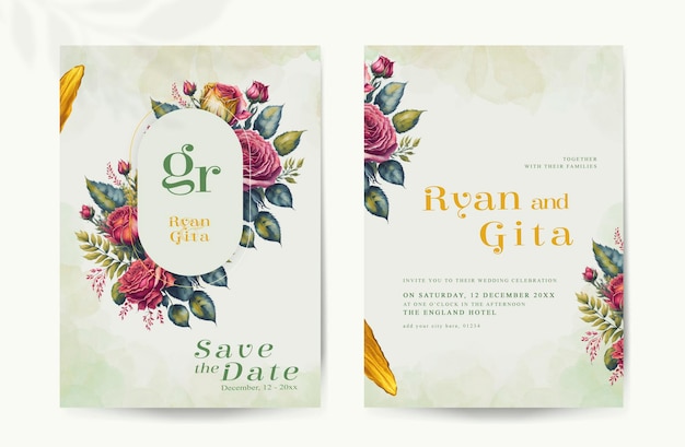 Psd hermosa tarjeta de invitación de boda con flores de acuarela de oro verde