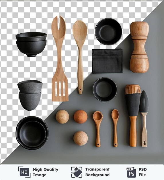 Psd con herramientas transparentes para hornear en el hogar conjunto de utensilios de cocina que incluyen una cuchara de madera taza negra y cuchara de leña dispuesta en una pared gris y blanca con un negro y gris