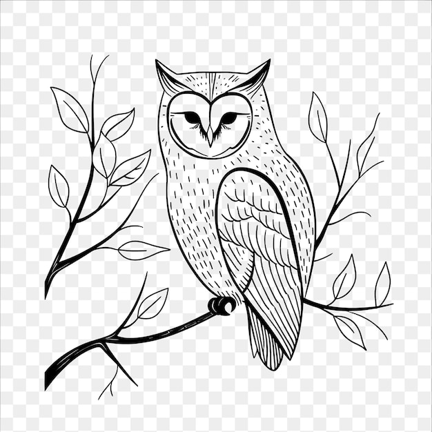 PSD psd de hibou perché sur une branche couleur de contour rouge foncé et dessin artistique de contour d'animal de hibou blanc