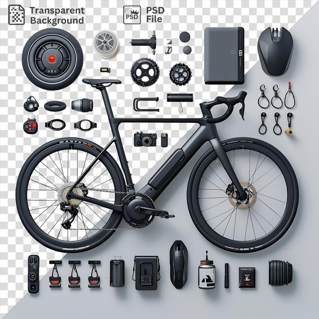 PSD psd high performance electric bike und zubehör-set auf einer weißen wand mit schwarzen rädern, einem schwarzen lenker und einem schwarz-grauen lautsprecher