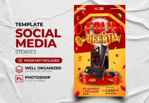 PSD Historias Carnaval de ofertas en portugués en Brasil 3D Render Post Diseño de plantilla de redes sociales