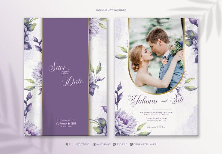 PSD psd-hochzeitseinladungsvorlage mit paarbild und lila blumen