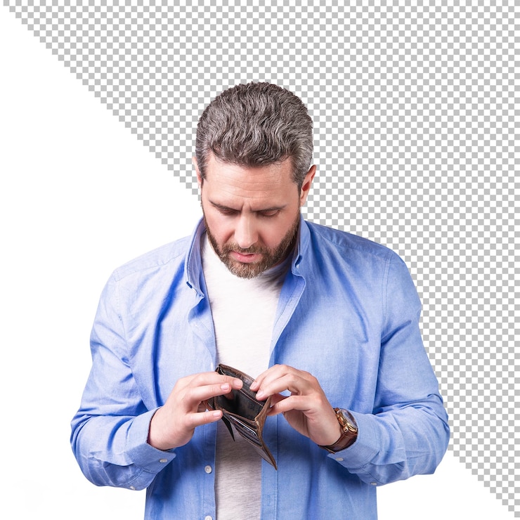 PSD psd un hombre abre su billetera y no encuentra dinero en un fondo realista transparente