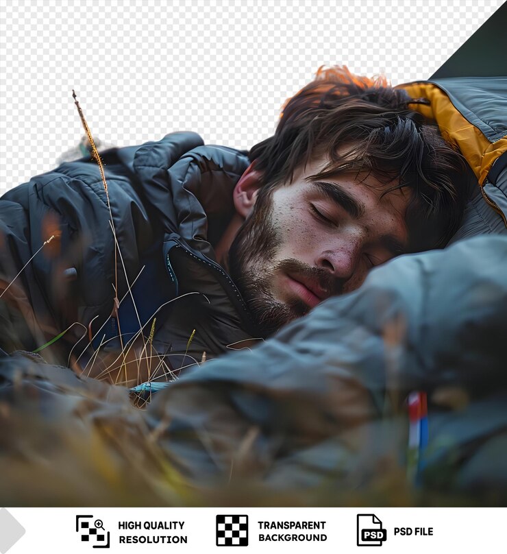PSD psd un hombre acostado en la hierba cerca de su tienda y saco de dormir png psd