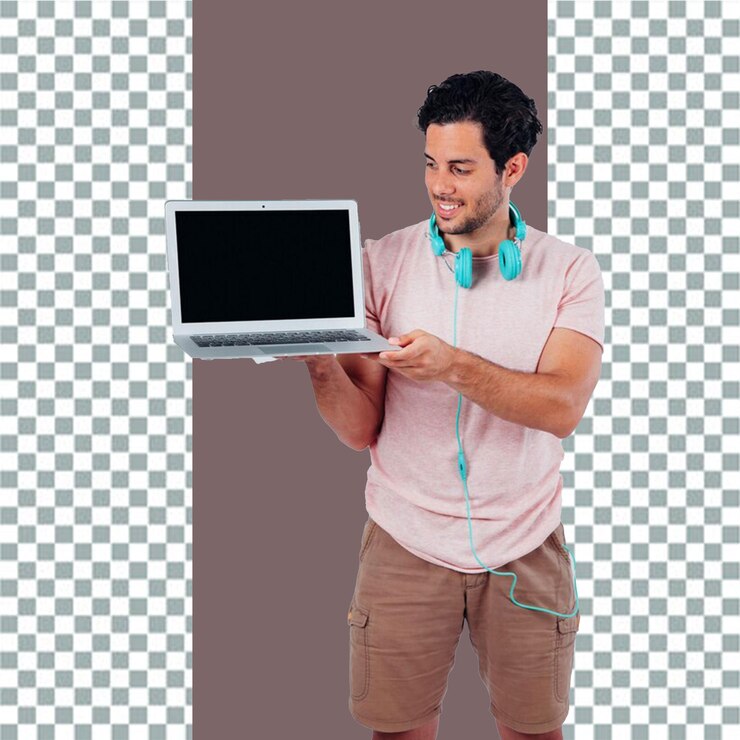 PSD un hombre con auriculares y una computadora portátil que dice la palabra en él con fondo transparente
