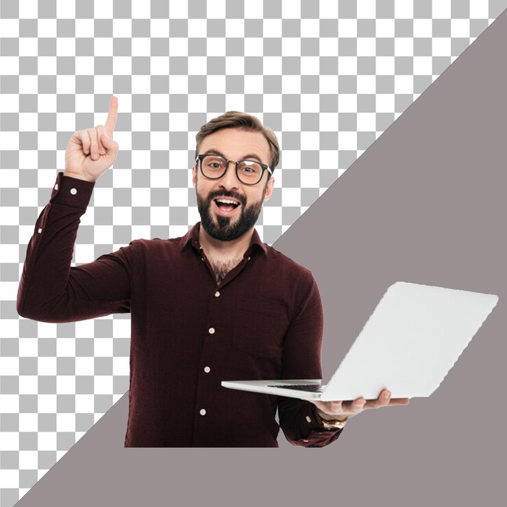 PSD un hombre con barba sostiene una computadora portátil con un dedo apuntando hacia arriba con fondo transparente