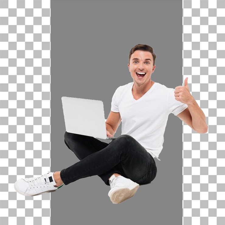 PSD un hombre con una camisa blanca está sentado en una computadora portátil y la palabra pulgares hacia arriba con fondo transparente