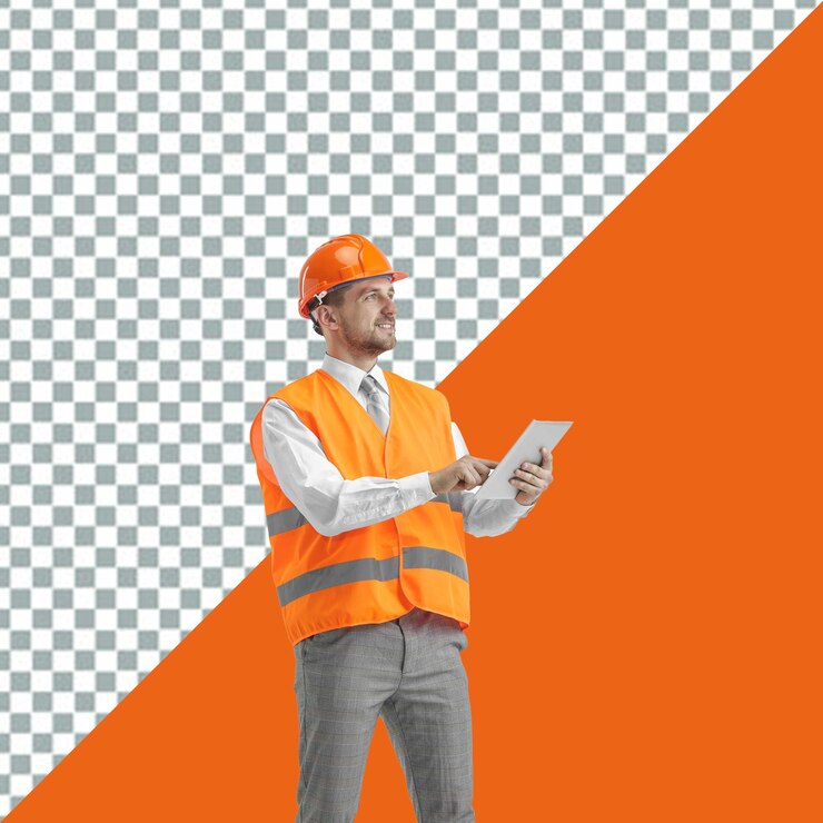 PSD psd hombre en un chaleco naranja está sosteniendo una tableta con un fondo transparente naranja