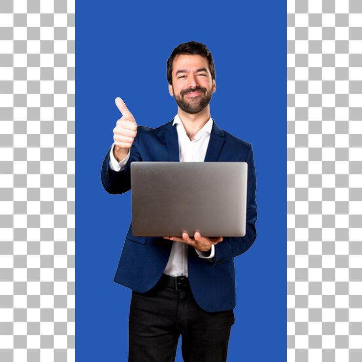 PSD un hombre con una chaqueta azul está sosteniendo una computadora portátil con los pulgares hacia arriba con fondo transparente