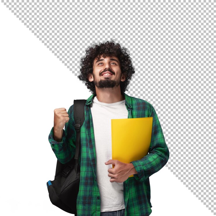PSD psd un hombre con una chaqueta a cuadros verde está sosteniendo una carpeta amarilla en un fondo realista transparente