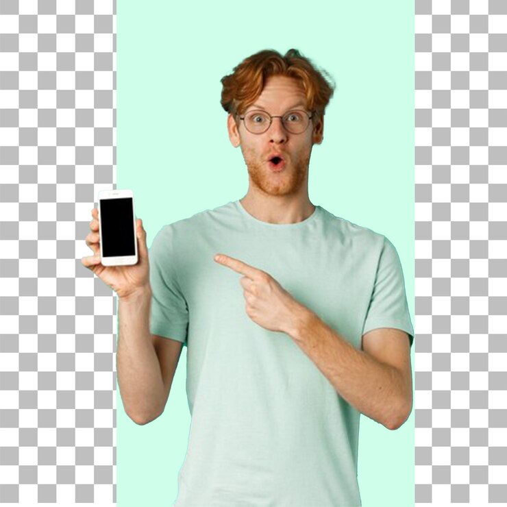 PSD un hombre con gafas está apuntando a un teléfono celular con fondo transparente