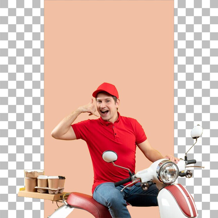 PSD un hombre en un scooter con una camisa roja que dice pompom con fondo transparente
