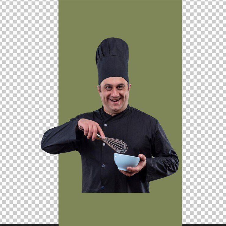 PSD un hombre con un sombrero de chef está sosteniendo una cuchara y en ella con fondo transparente
