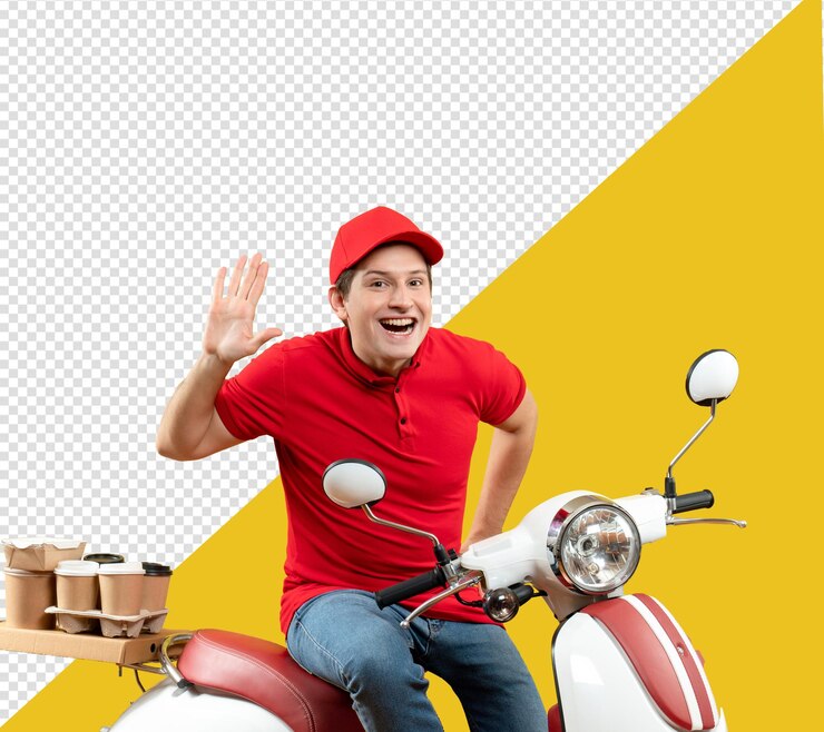 PSD psd un hombre con un sombrero rojo monta un scooter con una caja de monedas de oro con fondo transparente