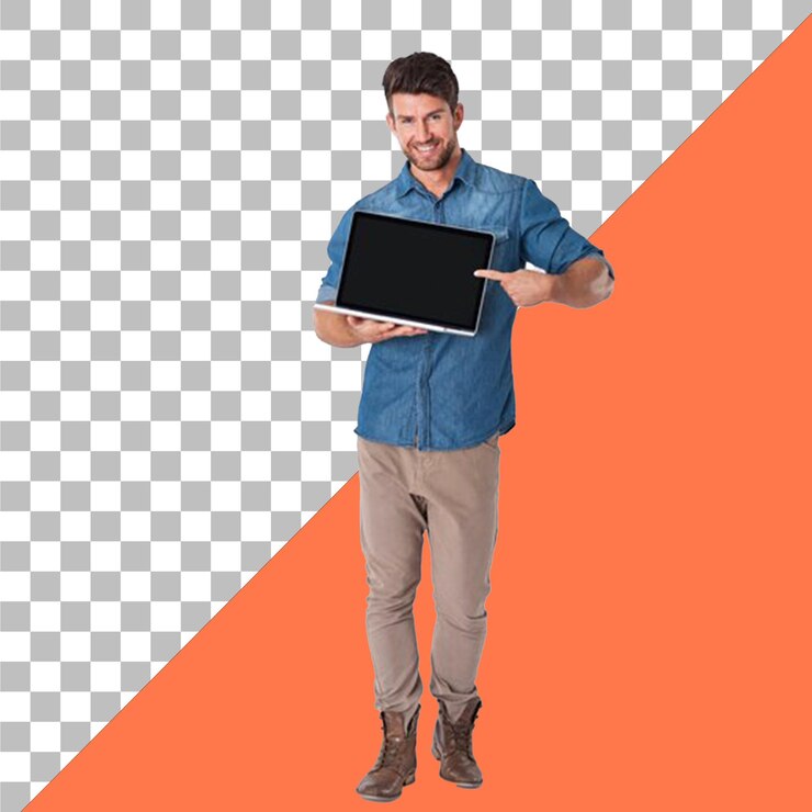 PSD un hombre sosteniendo una computadora portátil con fondo transparente