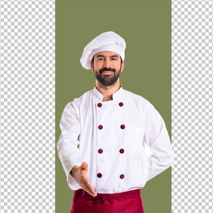 PSD psd un hombre en un traje de chef con un delantal rojo y un sombrero blanco con fondo transparente