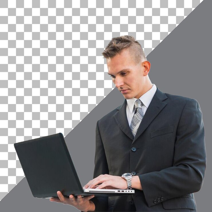 PSD un hombre en traje está usando una computadora portátil con la palabra la palabra en él con fondo transparente