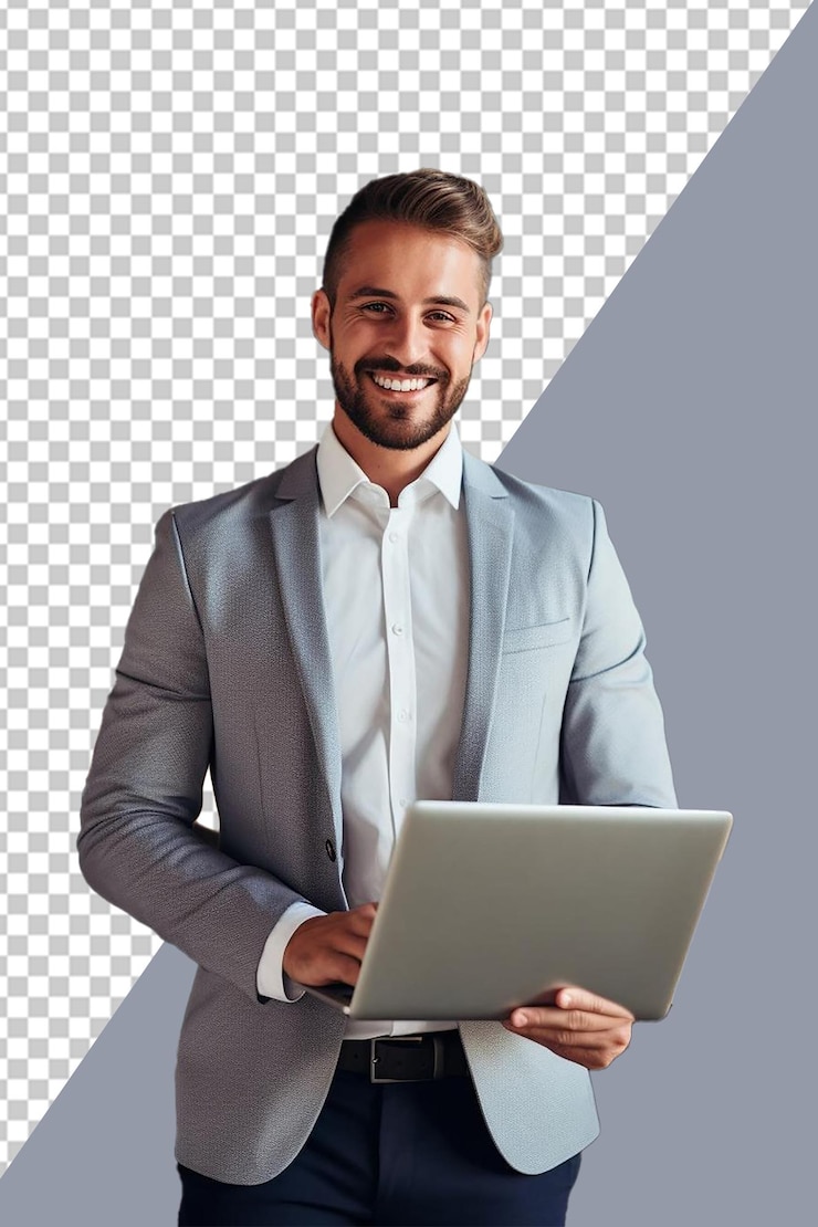 PSD un hombre con un traje gris está sosteniendo una computadora portátil con fondo transparente