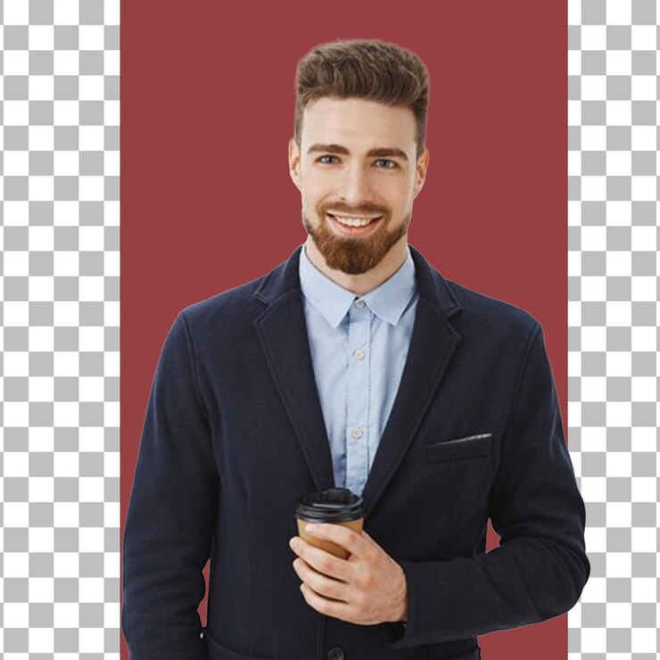 PSD un hombre en traje con una taza de café en la mano con fondo transparente