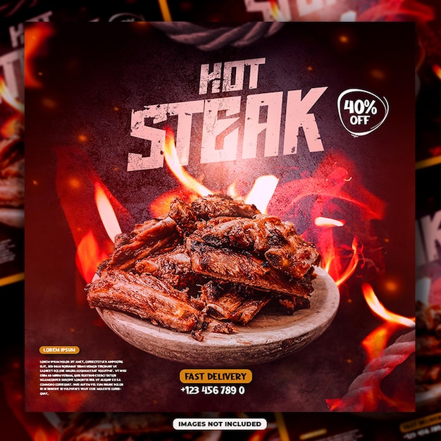 Psd-hot-steak-flyer und social-media-beitragsvorlage bbq-flyer