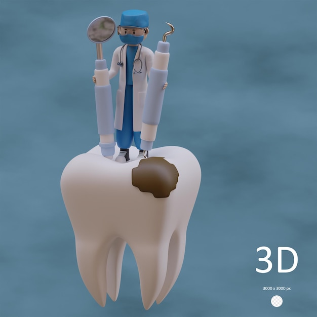 PSD psd illustration 3d d'un dentiste avec des outils de stomatologie et des caries dentaires