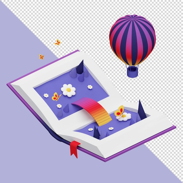 PSD Illustrazione 3d del libro aperto con fiori baloons e ponte arcobaleno