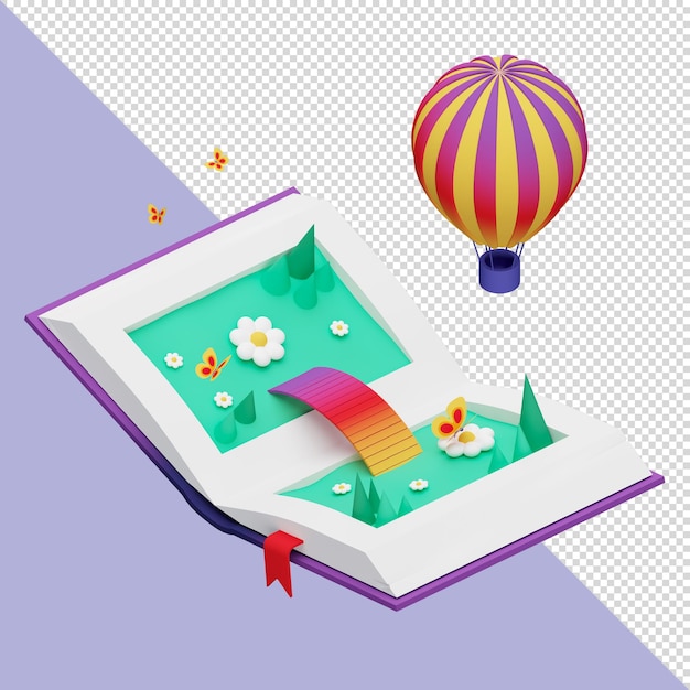 PSD Ilustración 3d de libro abierto con globos flores y puente arcoiris