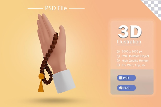 PSD psd ilustración 3d del ramadán islámico con mano en cuentas de oración icono de representación en recorte aislado