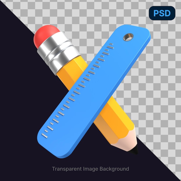 Psd ilustración 3d de una regla y un lápiz.