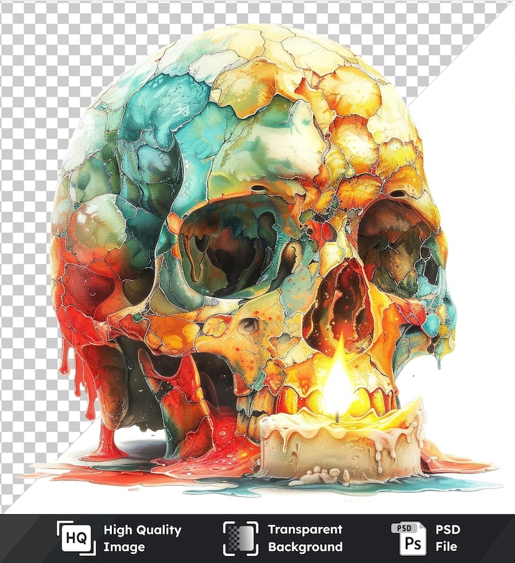 PSD psd con ilustración de acuarela transparente de un cráneo con un conjunto de velas de patrones vectoriales