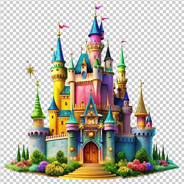 PSD psd de una ilustración de castillo colorido fantasía y magia en fondo transparente