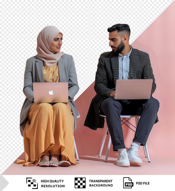 PSD psd image homme et femme travaillant sur des ordinateurs portables assis l'un en face de l'autre devant un mur rose avec l'homme portant un pantalon noir et un foulard blanc et gris et la femme portant png