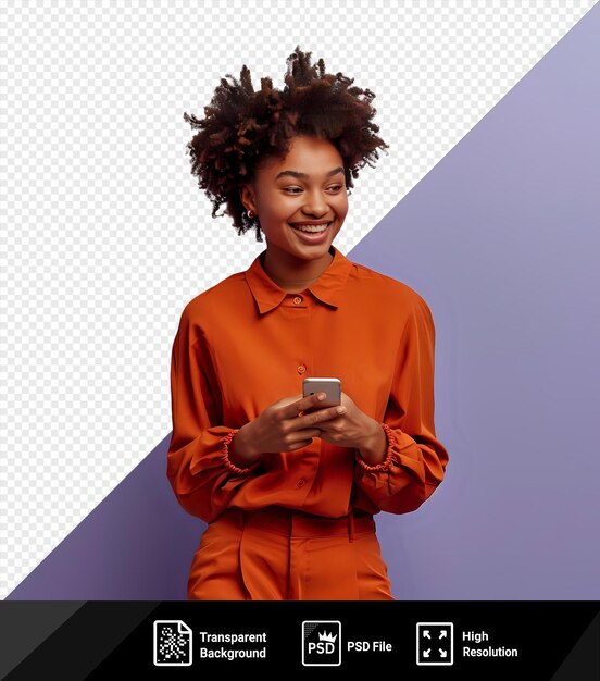 PSD psd image joie de la communication jeune femme mulatte avec un sourire denté faisant des gestes en détournant le regard en parlant sur son smartphone au bureau portant une chemise orange et des cheveux bouclés avec une main visible dans le front png