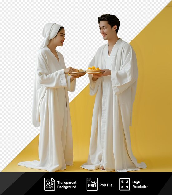 PSD psd image temps de petit déjeuner avec un homme et une femme en robe blanche servis sur une assiette blanche contre un mur jaune avec une main visible au premier plan png psd