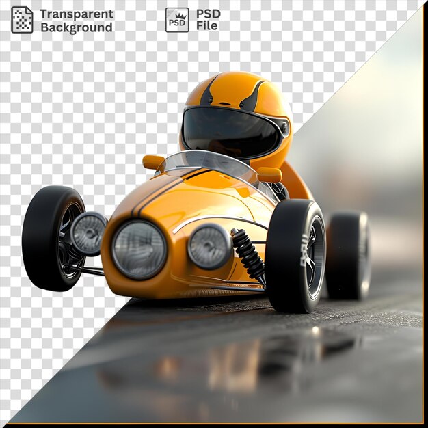Psd imagem 3d piloto de carros de corrida desenho animado queimando borracha em uma faixa de arrastar