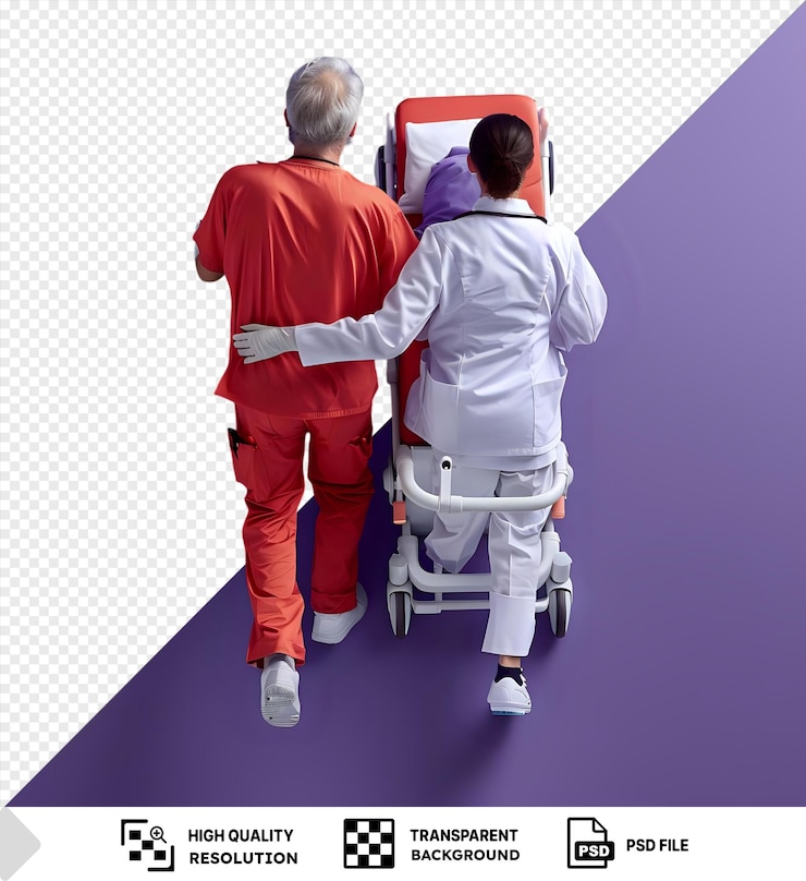 PSD psd imagem de um médico maduro carregando a maca com um paciente em uma cadeira de rodas branca vestindo uma camisa vermelha e calças laranja e vermelha enquanto o paciente tem cabelo cinzento e está vestindo um png psd branco
