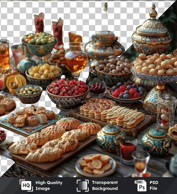 PSD psd imagem eid suprimentos de festa temática para o ramadã com uma variedade de tigelas e pratos, incluindo uma tigela azul uma tigela marrom e uma tigela de vidro dispostas em uma mesa de madeira
