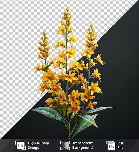 PSD psd imagem flor de vara dourada png clipart flores amarelas e folhas verdes em um fundo preto