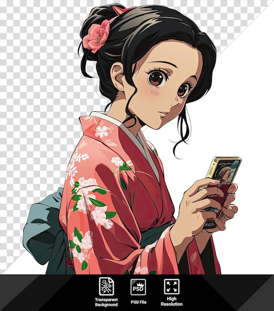 Psd imagem kimetsu não yaiba anime garota com um telefone celular